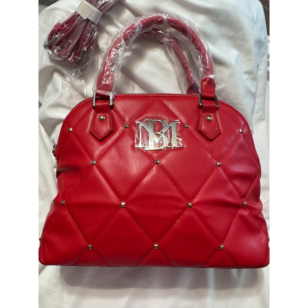 Badgley Mischka Red Quilted Studded Dome Satchel Handbag BM-4113 Crossbody New